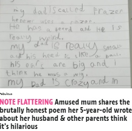 父親について5歳女児が書いた詩（画像は『The Sun　2021年9月25日付「NOTE FLATTERING Amused mum shares the brutally honest poem her 5-year-old wrote about her husband ＆ other parents think it’s hilarious」（Credit: Facebook）』のスクリーンショット）