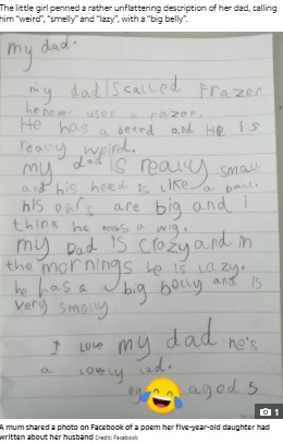 ストレートな言い回しが並ぶ詩（画像は『The Sun　2021年9月25日付「NOTE FLATTERING Amused mum shares the brutally honest poem her 5-year-old wrote about her husband ＆ other parents think it’s hilarious」（Credit: Facebook）』のスクリーンショット）