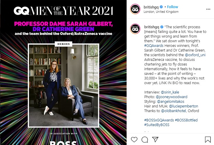 「ヒーローズ・オブ・ザ・イヤー賞」を受賞したギルバート教授とグリーン教授（画像は『British GQ　2021年9月1日付Instagram「The scientific process ［means］ failing quite a lot.」』のスクリーンショット）