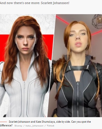 どっちが本物？（画像は『TODAY　2021年8月14日付「This Scarlett Johansson look-alike is making fans do a double take」（Disney / kate_johansson / Tiktok）』のスクリーンショット）