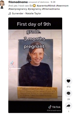 14歳で妊娠したヴェロニカさん（画像は『cesspool of darkness　2021年9月28日付TikTok「And yes I took sex Ed」』のスクリーンショット）