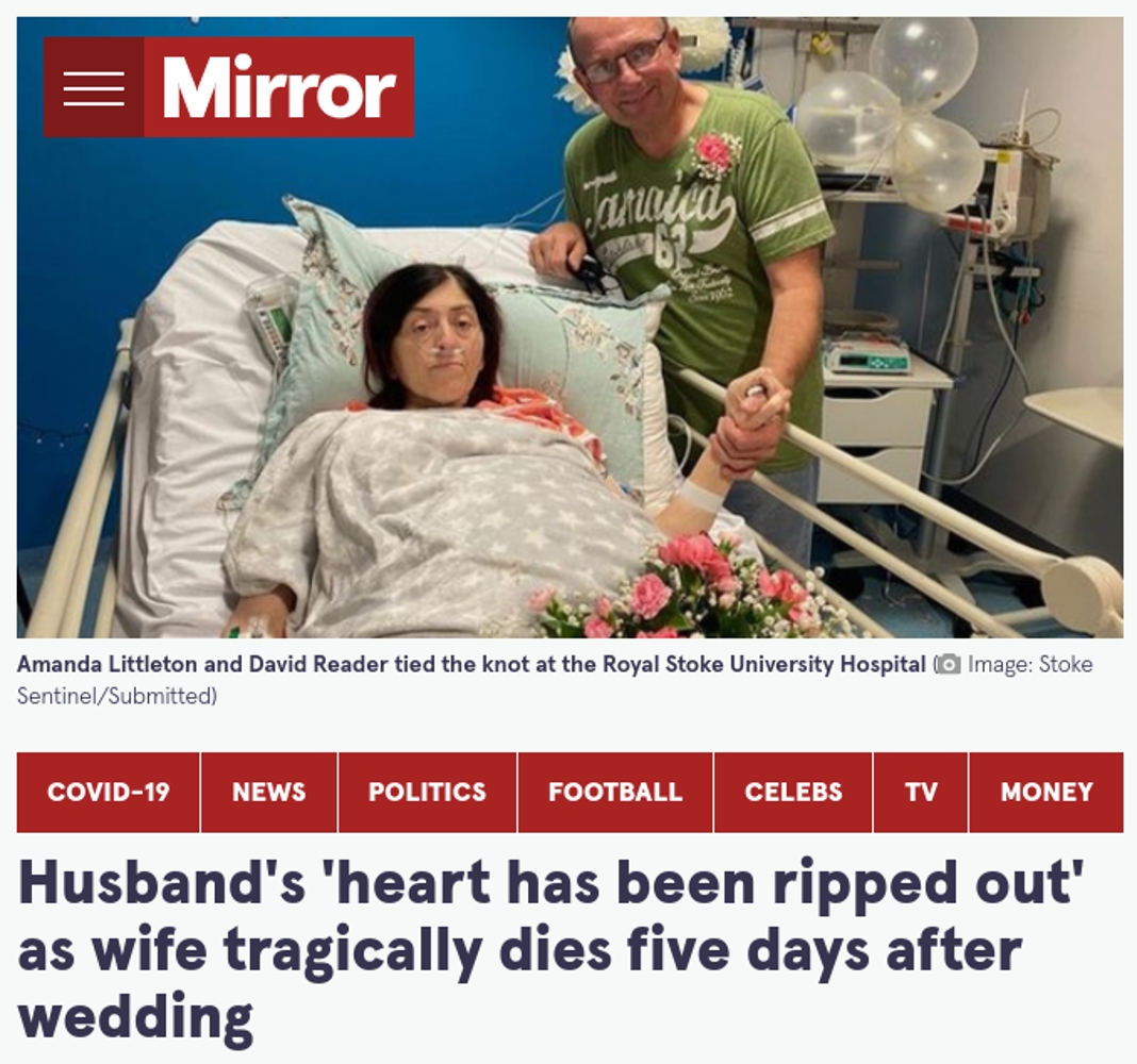 亡くなる5日前に結婚式を挙げたデビッドさんとアマンダさん（画像は『The Mirror　2021年10月6日付「Husband’s ‘heart has been ripped out’ as wife tragically dies five days after wedding」（Image: Stoke Sentinel/Submitted）』のスクリーンショット）