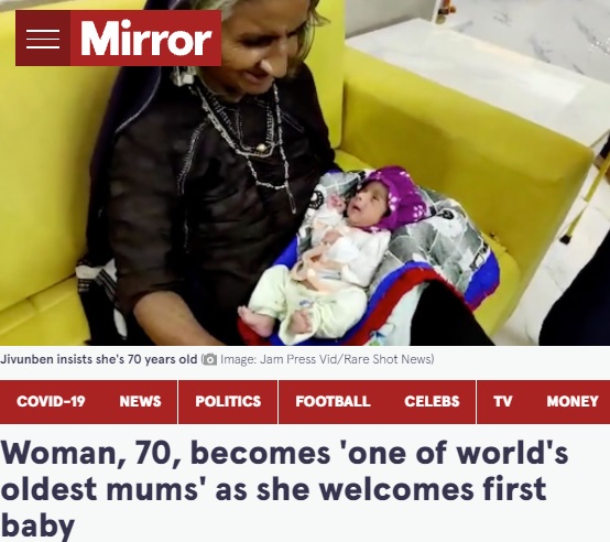70歳で第1子を出産した女性（画像は『The Mirror　2021年10月18日付「Woman, 70, becomes ‘one of world’s oldest mums’ as she welcomes first baby」（Image: Jam Press Vid/Rare Shot News）』のスクリーンショット）