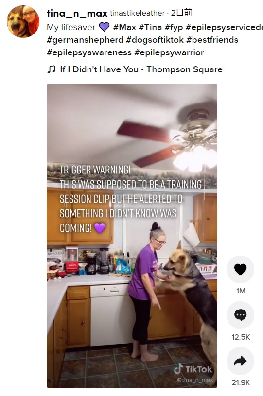床に降りるよう指示を受けるも発作が起こる合図を続けたマックス（画像は『tinastikeleather　2021年10月11日付TikTok「My lifesaver」』のスクリーンショット）