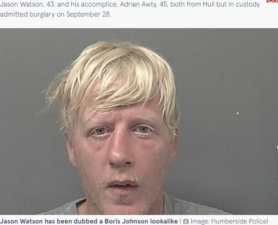 ハンバーサイド警察が公開したジェイソンのマグショット（画像は『The Mirror　2021年11月3日付「Boris Johnson ‘lookalike’ is career criminal with ‘appalling’ 210 convictions」（Image: Humberside Police）』のスクリーンショット）