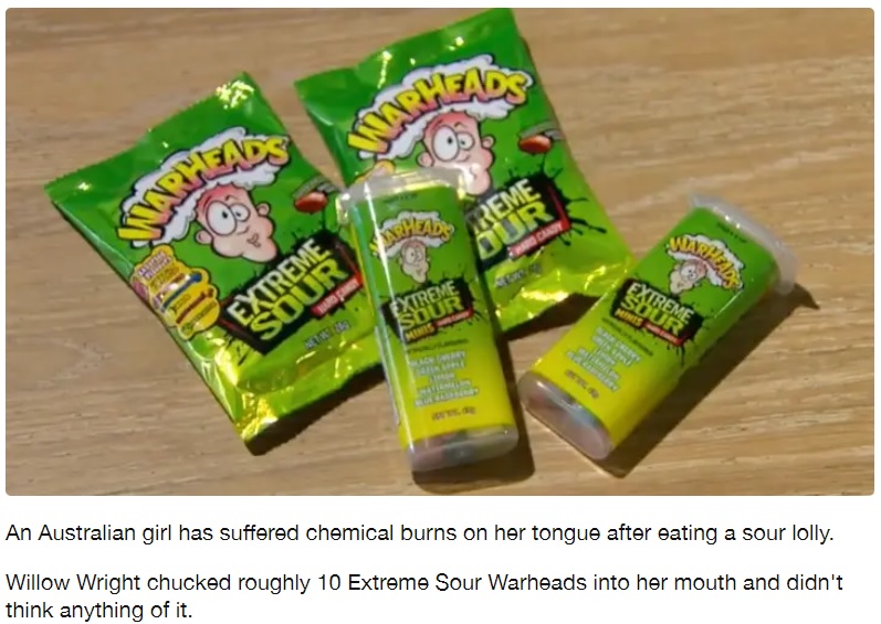 オーストラリアで販売されている「超酸っぱい」キャンディー（画像は『LADbible　2021年11月9日付「Melbourne Girl Suffers Chemical Burns After Eating Sour Warhead」』のスクリーンショット）