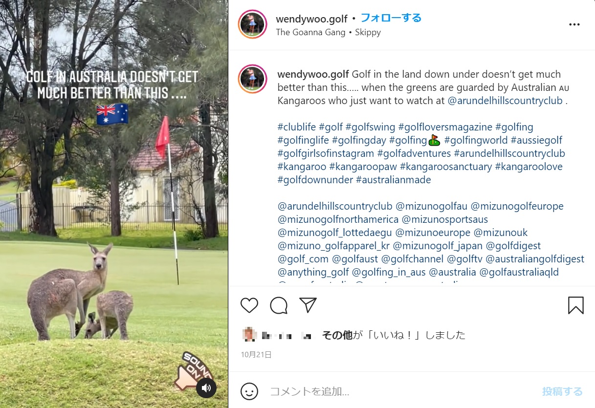 ゴルフ場には多くのカンガルーが生息しているもよう（画像は『Wendy Powick　2021年10月21日付Instagram「Golf in the land down under doesn’t get much better than this」』のスクリーンショット）