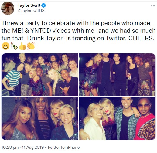 2019年当時、パーティでの様子を投稿していたテイラー（画像は『Taylor Swift　2019年8月11日付Twitter「Threw a party to celebrate with the people who made the ME！　 ＆ YNTCD videos with me」』のスクリーンショット）
