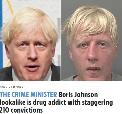 ボリス・ジョンソン英首相（左）に激似？（画像は『The Sun　2021年11月3日付「THE CRIME MINISTER Boris Johnson lookalike is drug addict with staggering 210 convictions」』のスクリーンショット）