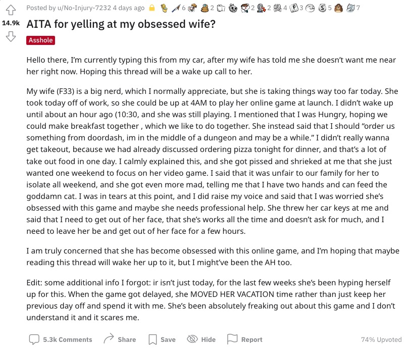 妻について相談した夫の投稿（画像は『No-Injury-7232　2021年12月3日付Reddit「AITA for yelling at my obsessed wife?」』のスクリーンショット）