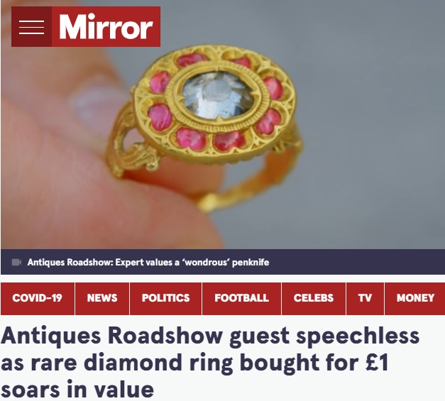 リサイクルショップにて約150円で買った指輪（画像は『The Mirror　2021年12月12日付「Antiques Roadshow guest speechless as rare diamond ring bought for ￡1 soars in value」（Image: BBC）』のスクリーンショット）
