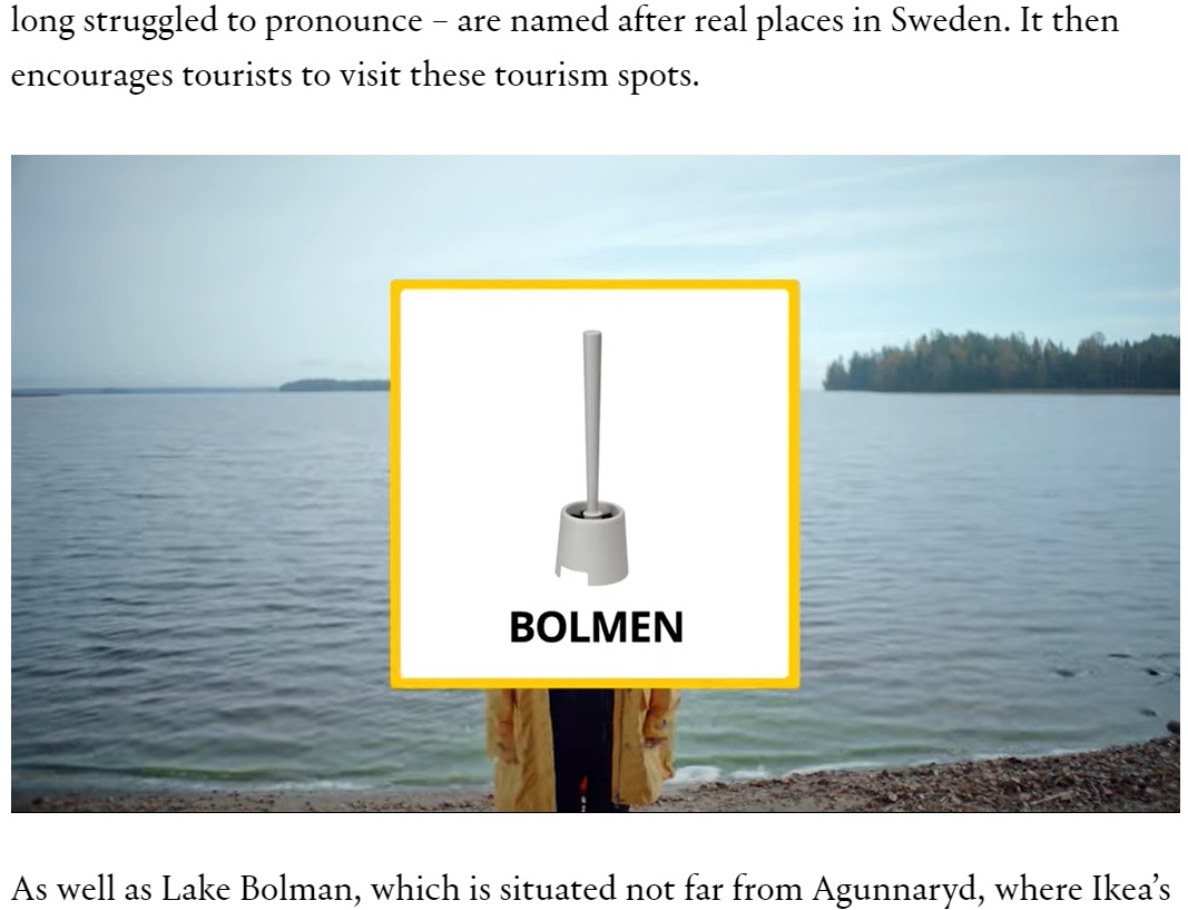 IKEAが販売するトイレブラシ“ボルメン（Bolmen）”（画像は『Creative Review　2021年12月3日付「Visit Sweden campaign reveals the tourism gems behind Ikea product names」』のスクリーンショット）