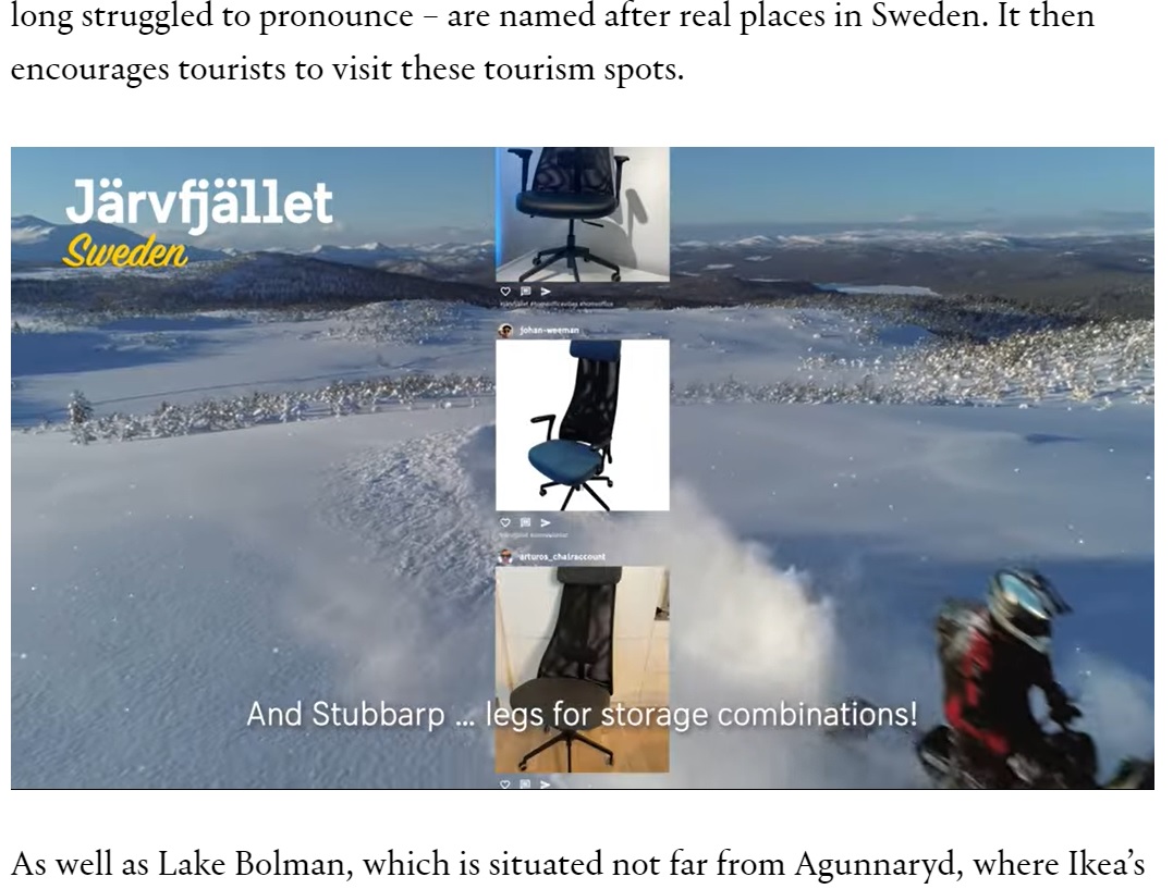 オフィス用チェアの名前はスウェーデンの美しい山“イェルヴフェレット”から（画像は『Creative Review　2021年12月3日付「Visit Sweden campaign reveals the tourism gems behind Ikea product names」』のスクリーンショット）