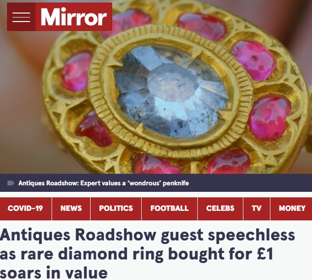 センターはダイヤモンド、周りにはルビーが（画像は『The Mirror　2021年12月12日付「Antiques Roadshow guest speechless as rare diamond ring bought for ￡1 soars in value」（Image: BBC）』のスクリーンショット）