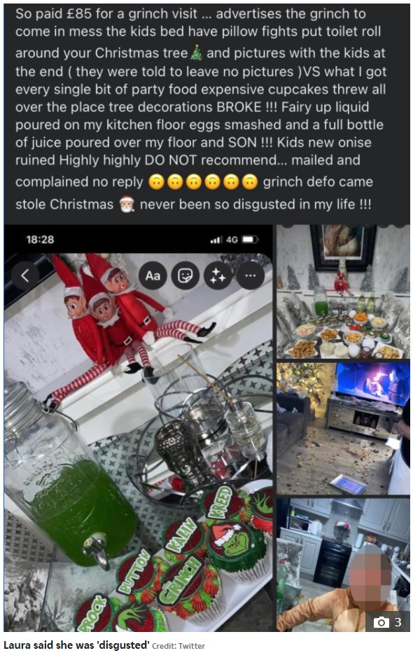 「グリンチは確かにやってきて、クリスマスを盗んでいった」と怒りの投稿（画像は『The Sun　2021年12月15日付「CHRISTMAS GRINCH I spent ￡85 on a ‘Grinch visit’ - only for him to trash my house and pour a bottle of JUICE on my son」（Credit: Twitter）』のスクリーンショット）
