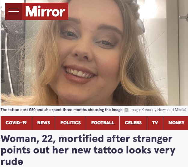 腕に2つの顔のタトゥーを入れた女性（画像は『The Mirror　2021年12月21日付「Woman, 22, mortified after stranger points out her new tattoo looks very rude」（Image: Kennedy News and Media）』のスクリーンショット）