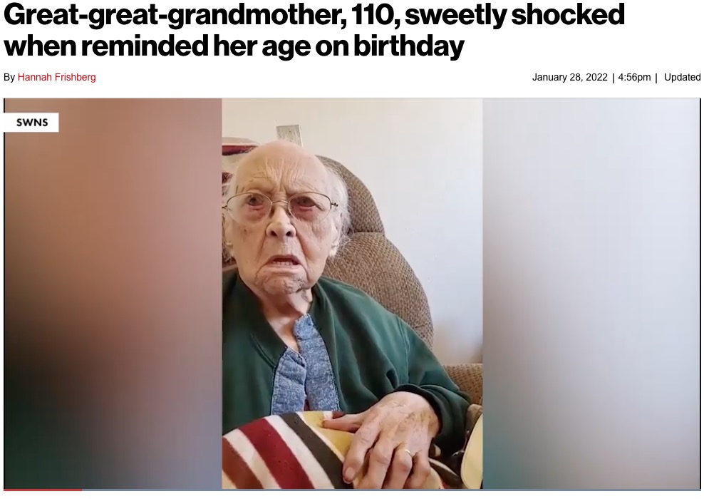 自分の年齢を知らされショックを受けるおばあちゃん（画像は『New York Post　2022年1月28日付「Great-great-grandmother, 110, sweetly shocked when reminded her age on birthday」（SWNS）』のスクリーンショット）