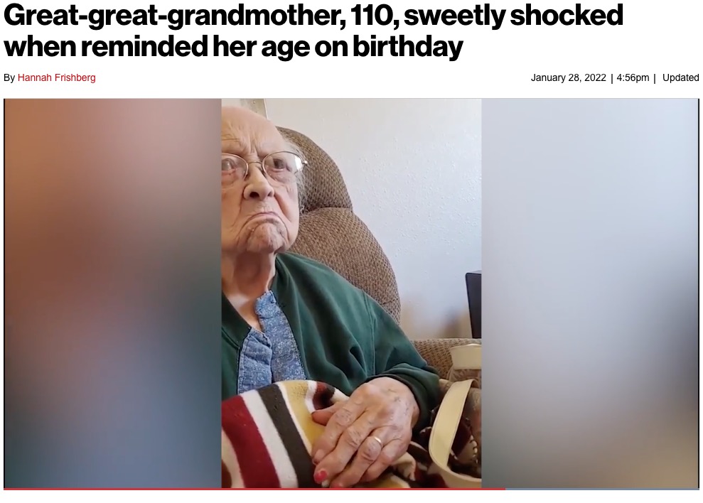 110歳の年齢を受け入れようとしないルースさん（画像は『New York Post　2022年1月28日付「Great-great-grandmother, 110, sweetly shocked when reminded her age on birthday」（SWNS）』のスクリーンショット）