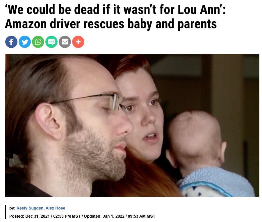 アマゾン配達員の女性に救われた家族（画像は『FOX31 KDVR　2021年12月31日付「‘We could be dead if it wasn’t for Lou Ann’: Amazon driver rescues baby and parents」』のスクリーンショット）