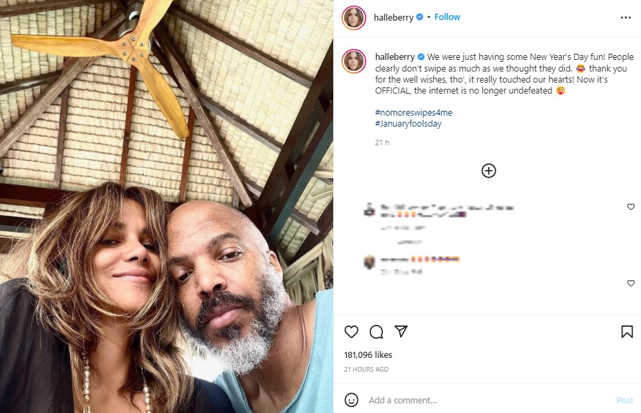 翌日の投稿には「ジャニュアリーフール（1月ばか）」のハッシュタグも（画像は『Halle Berry　2022年1月2日付Instagram「We were just having some New Year’s Day fun!」』のスクリーンショット）