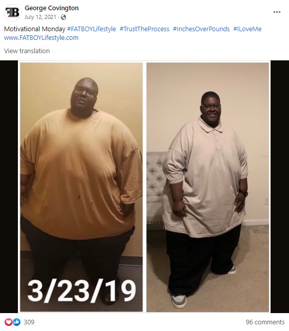 体重が300キロを超えていた頃と昨年7月（画像は『George Covington　2021年7月12日付Facebook「Motivational Monday」』のスクリーンショット）