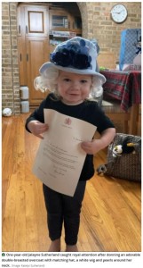 英王室からの手紙を見せるジェレインちゃん（画像は『Nottingham Post　2022年1月2日付「Young girl receives letter from Windsor Castle after dressing up as the Queen with her corgis」（Image: Katelyn Sutherland）』のスクリーンショット）