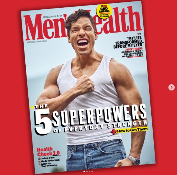 米版『Men’s Health』の表紙を飾ったジョセフさん（画像は『Men’s Health　2022年2月8日付Instagram「Our cover star Joseph Baena found out Arnold Schwarznegger is his father.」』のスクリーンショット）