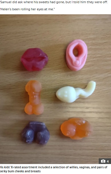 カラフルなキャンディの形に赤面（画像は『The Sun　2022年2月24日付「JELLY BOOBIES Dad buys holiday sweets for kids - but didn’t realise they were shaped like boobs and willies」』のスクリーンショット）