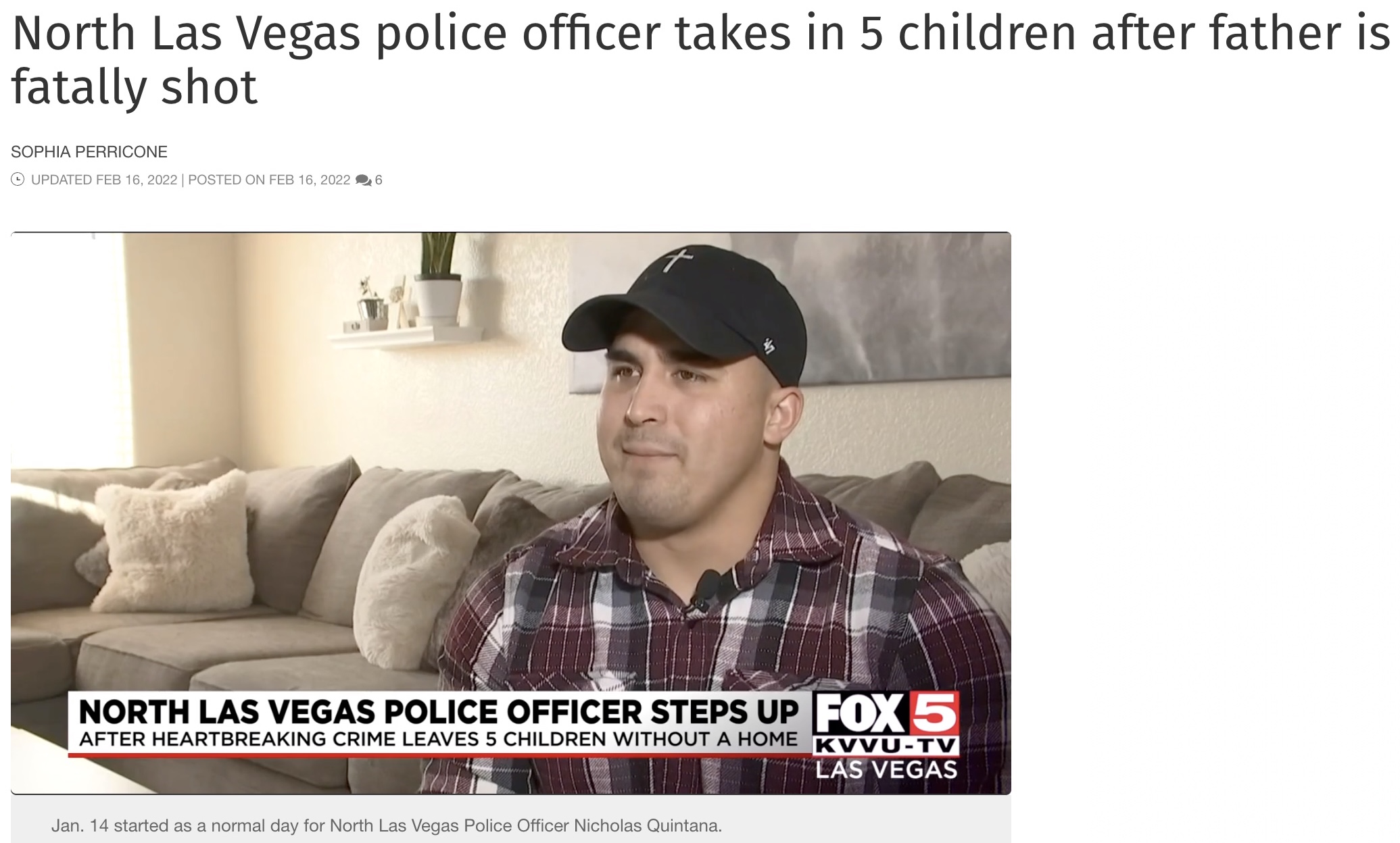 「父親になって、自分の子供を愛したいといつも思っていた」とニコラスさん（画像は『FOX5 Vegas　2022年2月16日付「North Las Vegas police officer takes in 5 children after father is fatally shot」』のスクリーンショット）