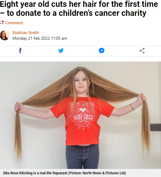 約109センチあった長い髪（画像は『Metro　2022年2月21日付「Eight year old cuts her hair for the first time － to donate to a children’s cancer charity」（(Picture: North News ＆ Pictures Ltd）』のスクリーンショット）