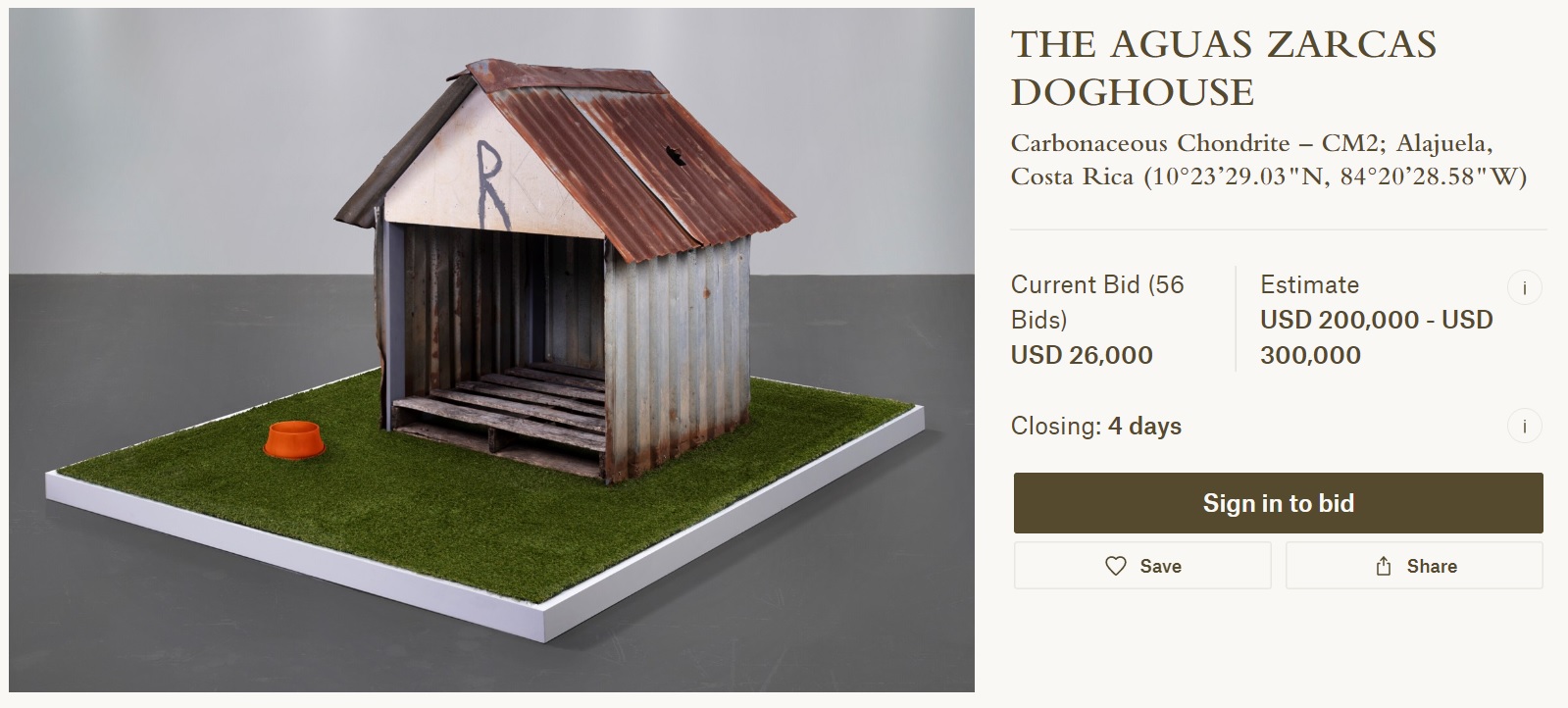 隕石が落下した貴重な犬小屋（画像は『Christie’s Watches Online　「THE AGUAS ZARCAS DOGHOUSE」』のスクリーンショット）