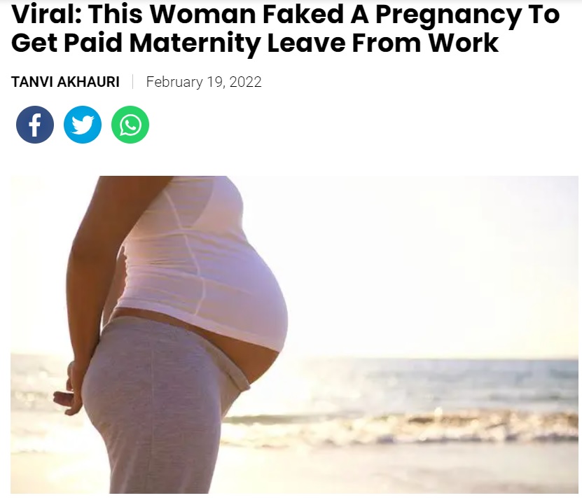 産休が欲しかった女が嘘を重ねた末に起訴される（画像は『SheThePeople　2022年2月19日付「Viral: This Woman Faked A Pregnancy To Get Paid Maternity Leave From Work」』のスクリーンショット）