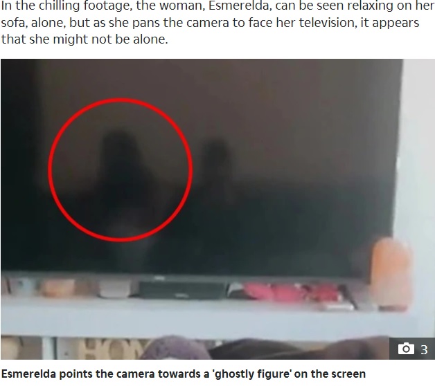 自分しかいないはずなのにテレビに影が（画像は『The Sun　2022年3月7日付「SCARY MOVIE I spotted ghostly figure in reflection of my TV screen despite being home alone - it was like a scene from a horror film」（Credit: Tiktok/＠_wonderwoman1_）』のスクリーンショット）