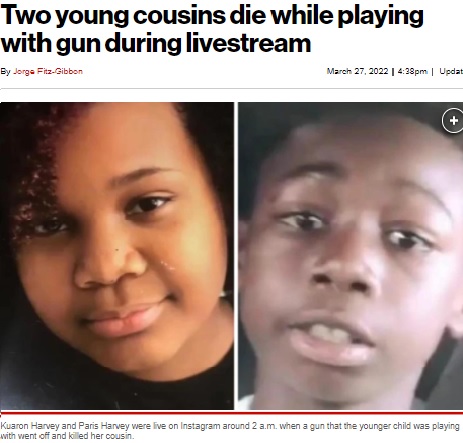亡くなった12歳のパリスさん（左）と14歳のクアロンさん（画像は『New York Post　2022年3月27日付「Two young cousins die while playing with gun during livestream」』のスクリーンショット）
