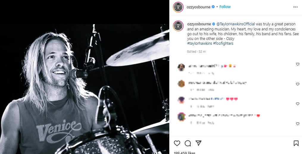 「素晴らしいミュージシャンだった」と記したオジー・オズボーン（画像は『Ozzy Osbourne　2022年3月26日付Instagram「＠TaylorHawkinsOfficial was truly a great person and an amazing musician.」』のスクリーンショット）