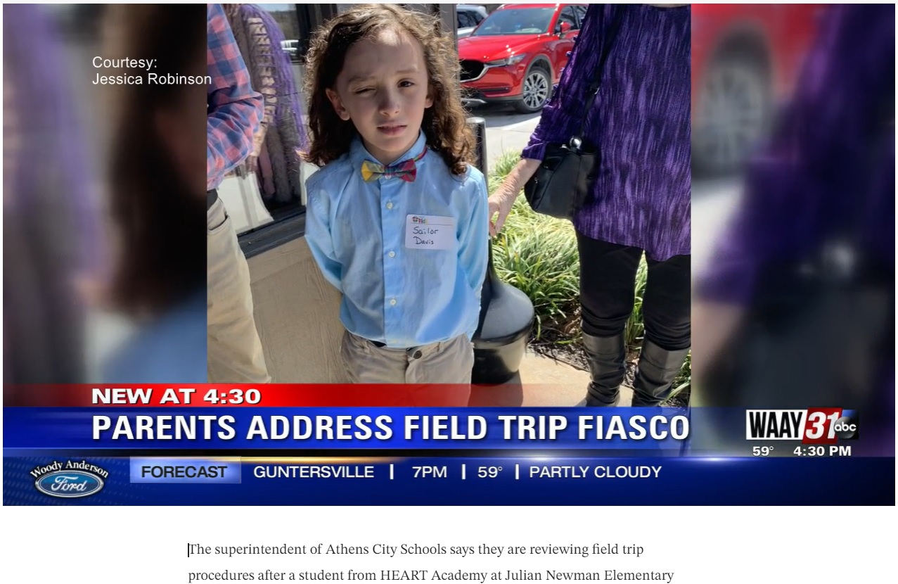 動物園に置き去りにされてしまった男児（画像は『WAAY-TV　2022年3月24日付「Athens City Schools responds to student being left at Nashville Zoo; student’s parent speaks out」（Courtesy: Jessica Robinson）』のスクリーンショット）