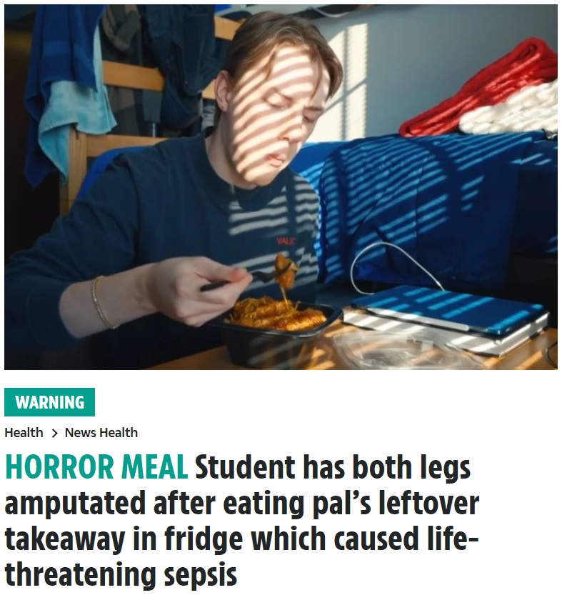 友人が持ち帰った料理を食べて敗血症に（画像は『The Sun　2022年2月21日付「HORROR MEAL Student has both legs amputated after eating pal’s leftover takeaway in fridge which caused life-threatening sepsis」（youtube / dr bernard）』のスクリーンショット）