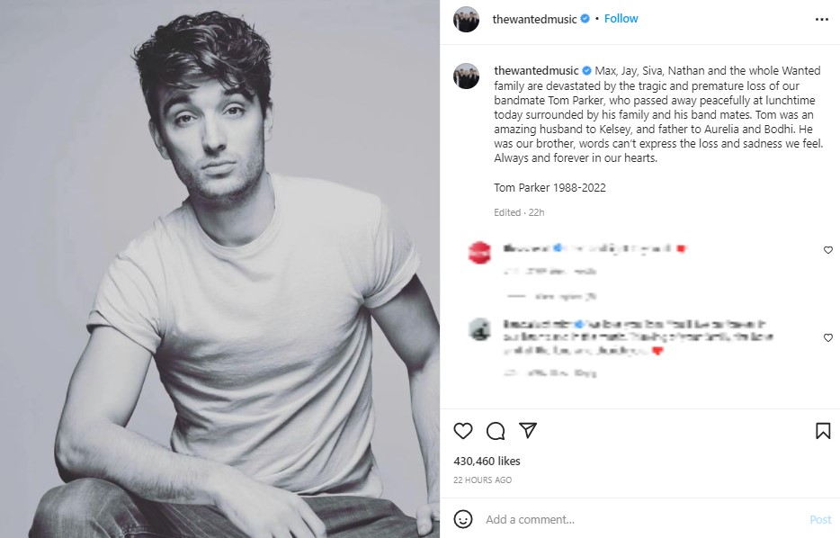 「ザ・ウォンテッド」が発表したトムへの追悼文（画像は『The Wanted　2022年3月30日付Instagram「Max, Jay, Siva, Nathan and the whole Wanted family are devastated by the tragic and premature loss of our bandmate Tom Parker」』のスクリーンショット）