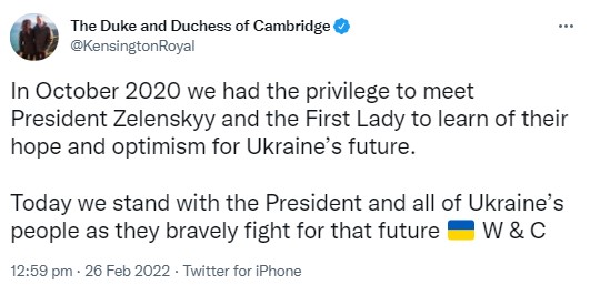 ウィリアム王子夫妻が発表したウクライナを支持するツイート（画像は『Duke and Duchess of Cambridge　2022年2月26日付Twitter「In October 2020 we had the privilege to meet President Zelenskyy and the First Lady to learn of their hope and optimism for Ukraine’s future.」』のスクリーンショット）