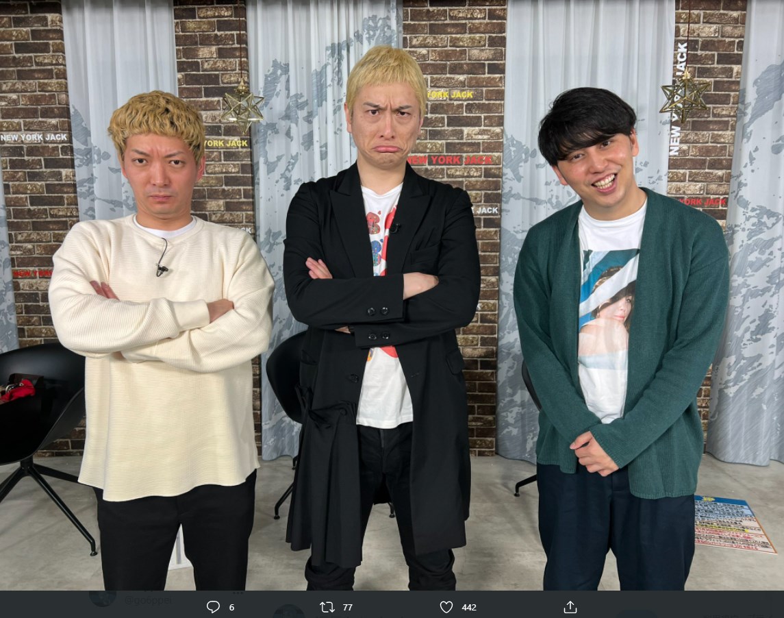 ニューヨークと松本人志のものまねをするJP（画像は『ニューヨークジャック【公式】　022年4月7日付Twitter「本日の配信は終了しました！」』のスクリーンショット）