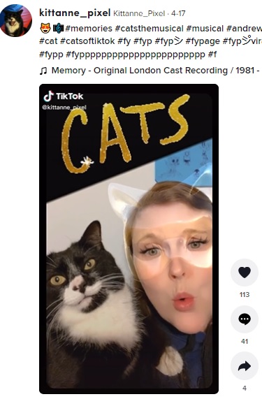 猫との楽しい動画を多数投稿するアンさん（画像は『Kittanne_Pixel　2022年4月17日付TikTok「＃memories ＃catsthemusical ＃musical ＃andrewloydwebber ＃cats」』のスクリーンショット）