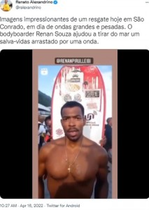 インタビューに応じるレナンさん（画像は『Renato Alexandrino　2022年4月16日付Twitter「Imagens impressionantes de um resgate hoje em São Conrado」』のスクリーンショット）