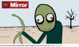 アニメシリーズ『サラダ・フィンガーズ』に出てくる緑色の主人公にそっくり（画像は『The Mirror　2022年4月8日付「Mum scared of unborn ‘demon child’ as baby looks like ‘Salad Fingers’ in scan」（Image: Youtube）』のスクリーンショット）