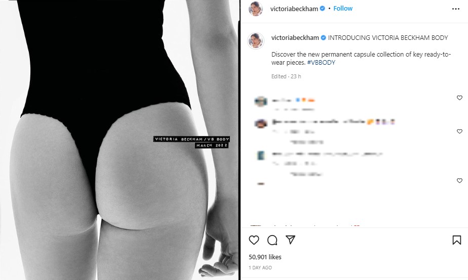 ヴィクトリアが公開したTバックの後ろ姿（画像は『Victoria Beckham　2022年4月27日付Instagram「INTRODUCING VICTORIA BECKHAM BODY」』のスクリーンショット）