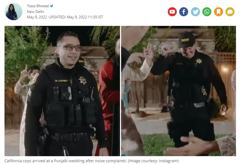 保安官のとった行動が列席者を驚かせた（画像は『India Today　2022年5月9日付「California cops arrived at a Punjabi pre-wedding ceremony after noise complaints. Viral video shows what happened next」（Image courtesy: Instagram）』のスクリーンショット）