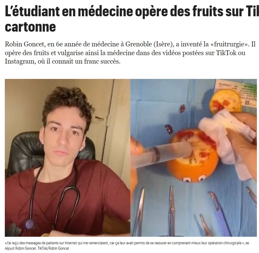 フルーツを“患者”に見立てて手術をする医学生（画像は『Le Parisien　2022年4月30日付「L’étudiant en médecine opère des fruits sur TikTok et ça cartonne」』のスクリーンショット）