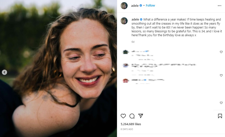 34歳の誕生日に公開した写真とメッセージ（画像は『Adele　2022年5月5日付Instagram「What a difference a year makes!」』のスクリーンショット）