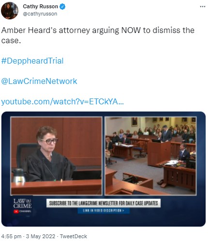 アンバーからの申し立てを却下したペニー・アスカレート判事（画像は『Cathy Russon　2022年5月3日付Twitter「Amber Heard’s attorney arguing NOW to dismiss the case.」』のスクリーンショット）