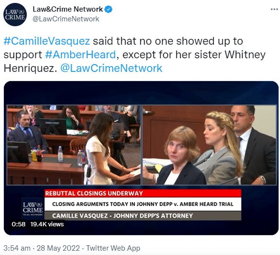 最終弁論を行ったヴァスケス氏（画像は『Law＆Crime Network　2022年5月28日付Twitter「＃CamilleVasquez said that no one showed up to support ＃AmberHeard, except for her sister Whitney Henriquez.」』のスクリーンショット）