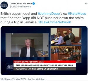 裁判所のビデオ通話で証言したケイト（画像は『Law＆Crime Network　2022年5月25日付Twitter「British supermodel and ＃JohnnyDepp’s ex ＃KateMoss testified that Depp did NOT push her down the stairs during a trip in Jamaica.」』のスクリーンショット）